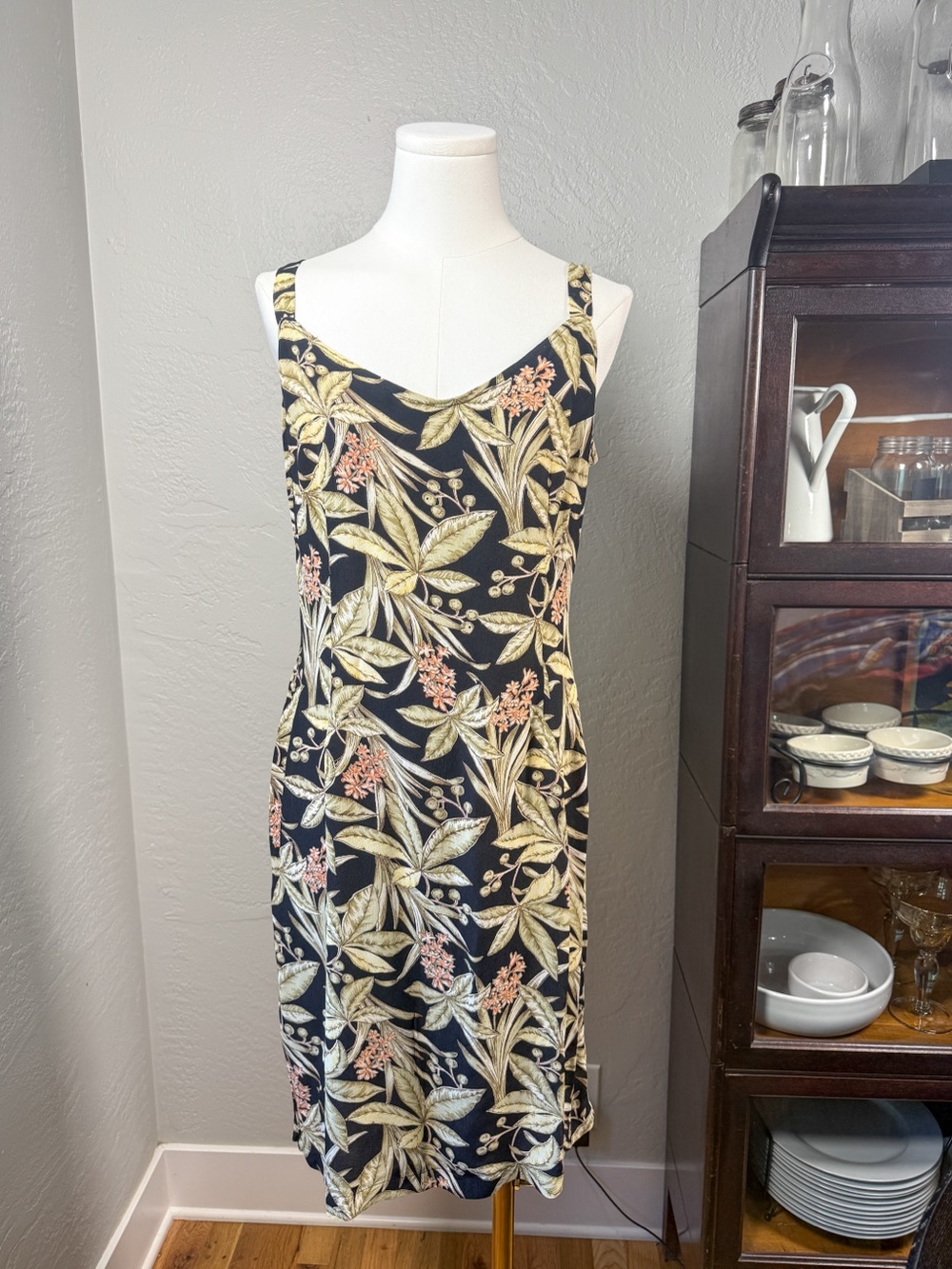 Vintage Jenny Helene Black Tropical Floral Rayon Shift Dress Size S